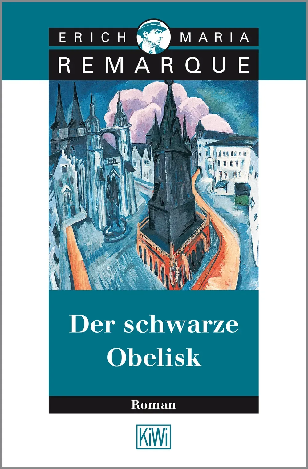 Deckblatt des Taschenbuches von Der Schwarze Obelisk von Erich Maria Remarque. Zu sehen ist eine Stadt bei Nacht mit einem großen schwarzen Turm in der Mitte.